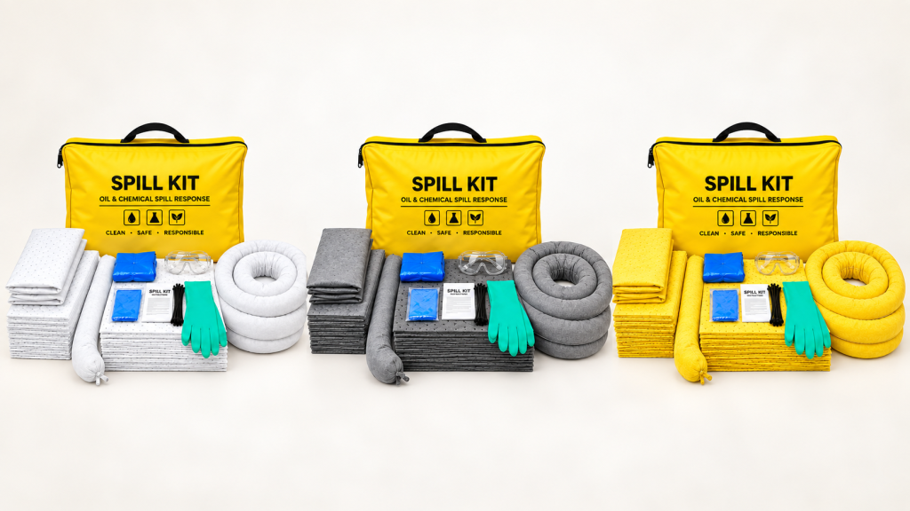 Three yellow spill kit bags with white, grey and yellow absorbent pads and socks arranged side by side.