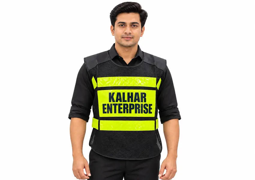 Illustrative custom security jacket with KALHAR ENTERPRISE printing on a model