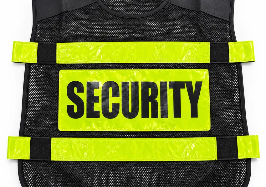 Close-up of security jacket mesh, stitching, yellow bands and SECURITY print