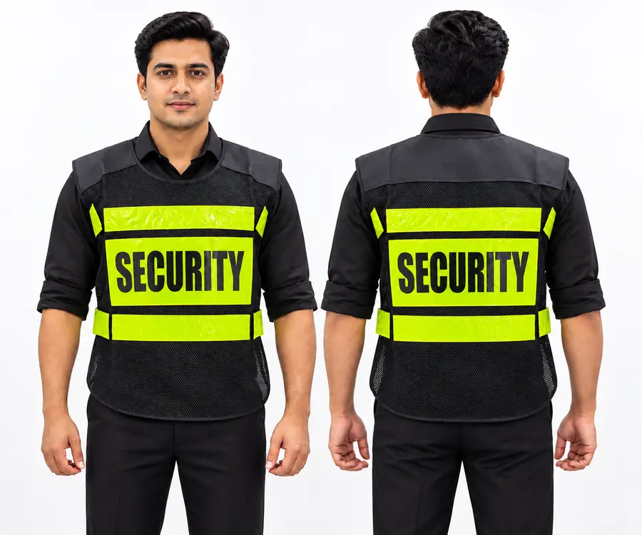 Front and back views of black mesh security jackets with yellow bands and SECURITY print