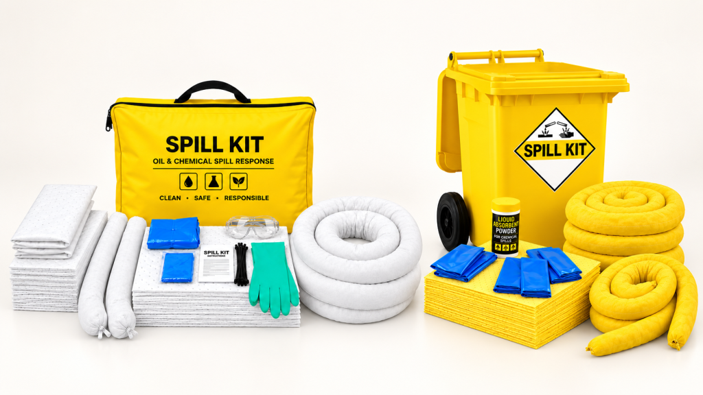 Yellow portable spill kit mat bag with white absorbents beside a yellow wheeled spill kit bin with yellow absorbents.