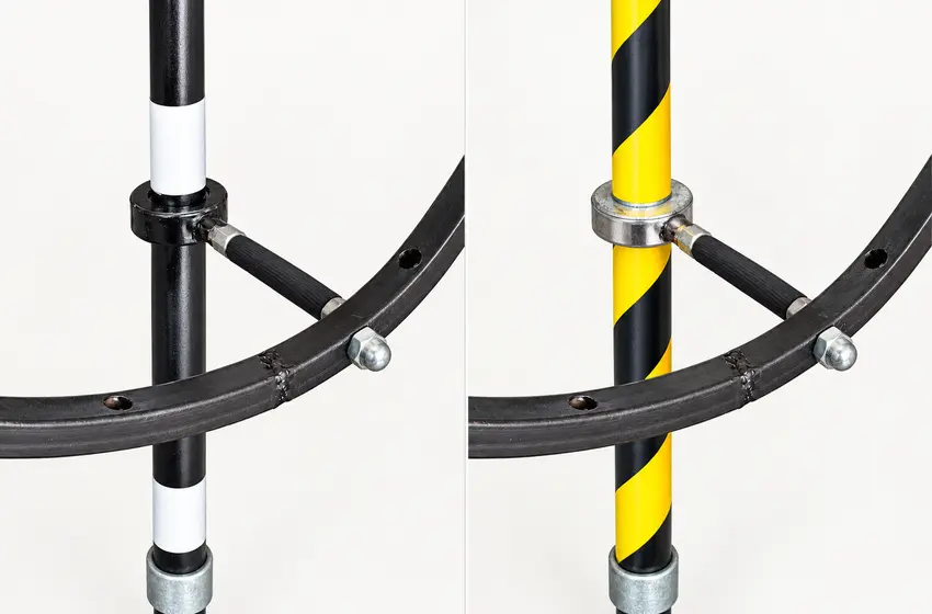 Hoop connectors and support arms on black MS and yellow-and-black GI windsock stands