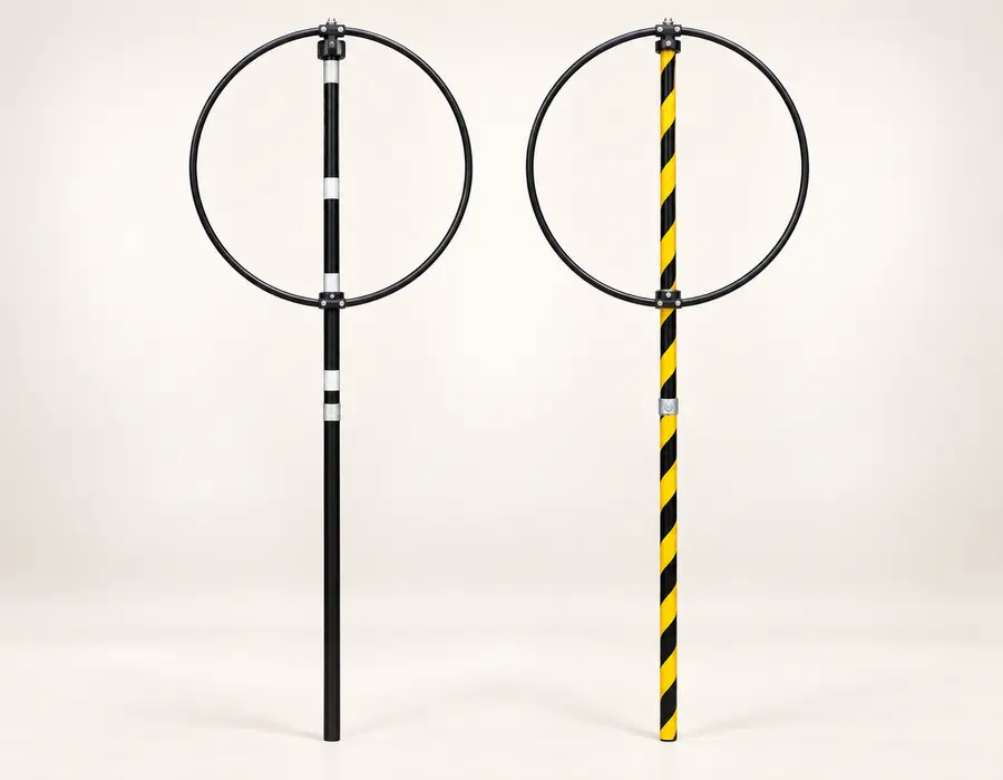 Black MS and yellow-and-black GI windsock stands with circular mounting hoops