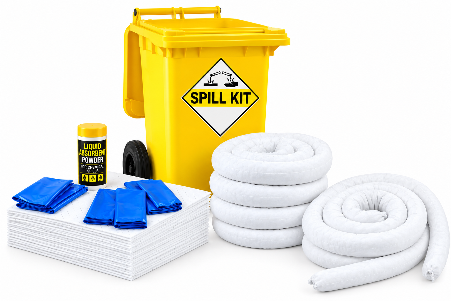 Oil spill kit supplied in a plastic can trolley