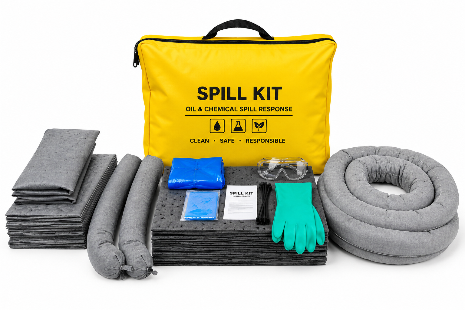 Universal spill kit supplied in a portable mat bag