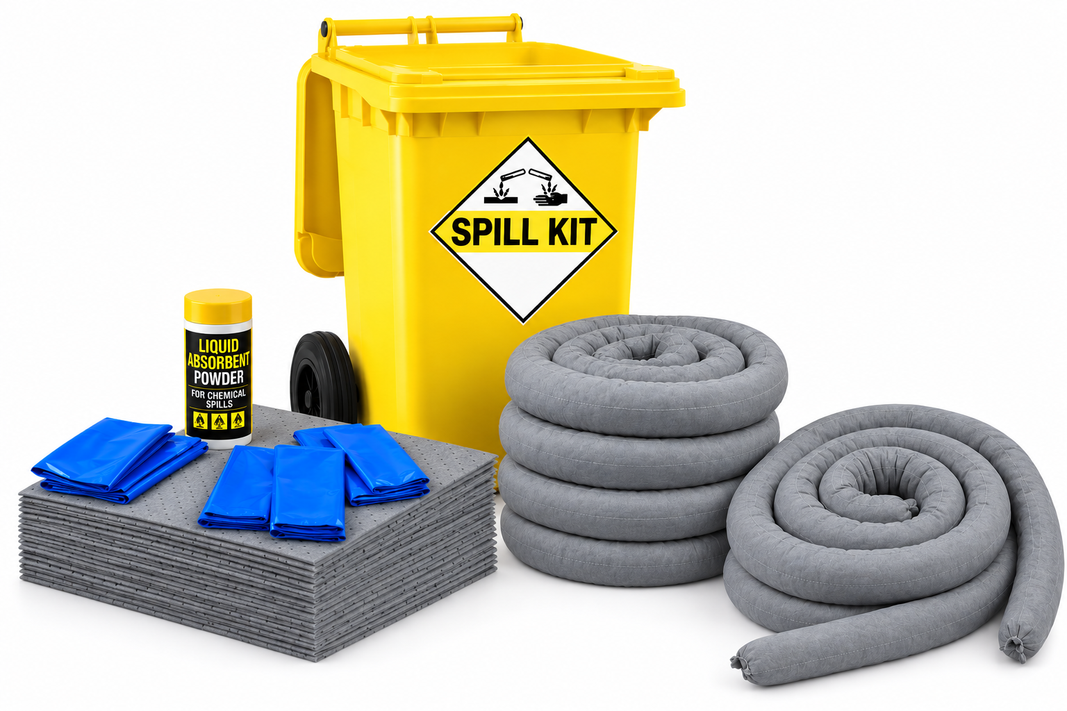 Universal spill kit trolley with absorbents and protective equipment