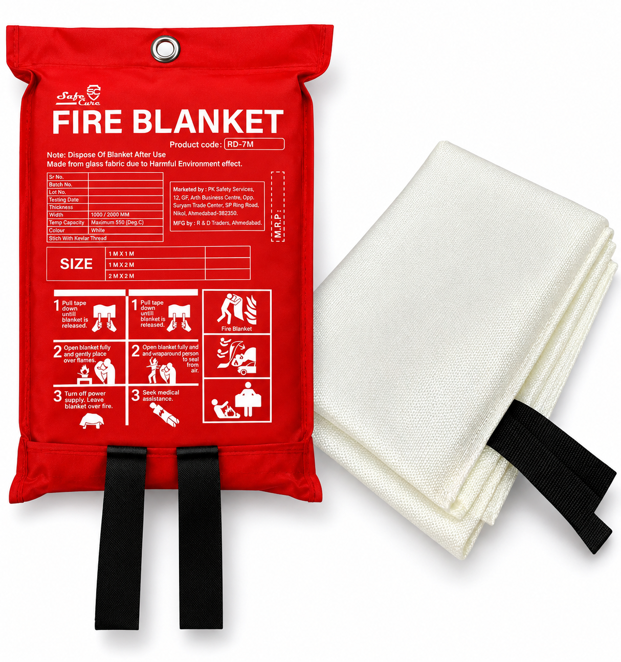 Three folded white woven fire blankets of different sizes on an industrial workbench.