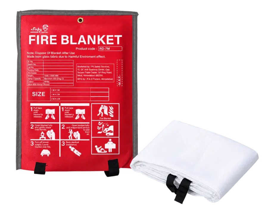 Red fire blanket pouch beside a folded white blanket with black pull straps