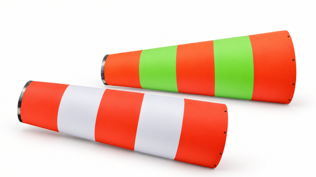 Red and white windsock and orange and green windsock displayed together on a white background.