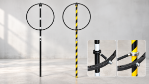 Two circular-ring windsock stands with black-and-white and black-and-yellow striped poles, plus close views of connectors.