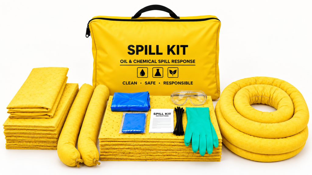 Yellow spill kit bag with yellow absorbent pads and socks, goggles, green gloves and other packed contents on a white surface.