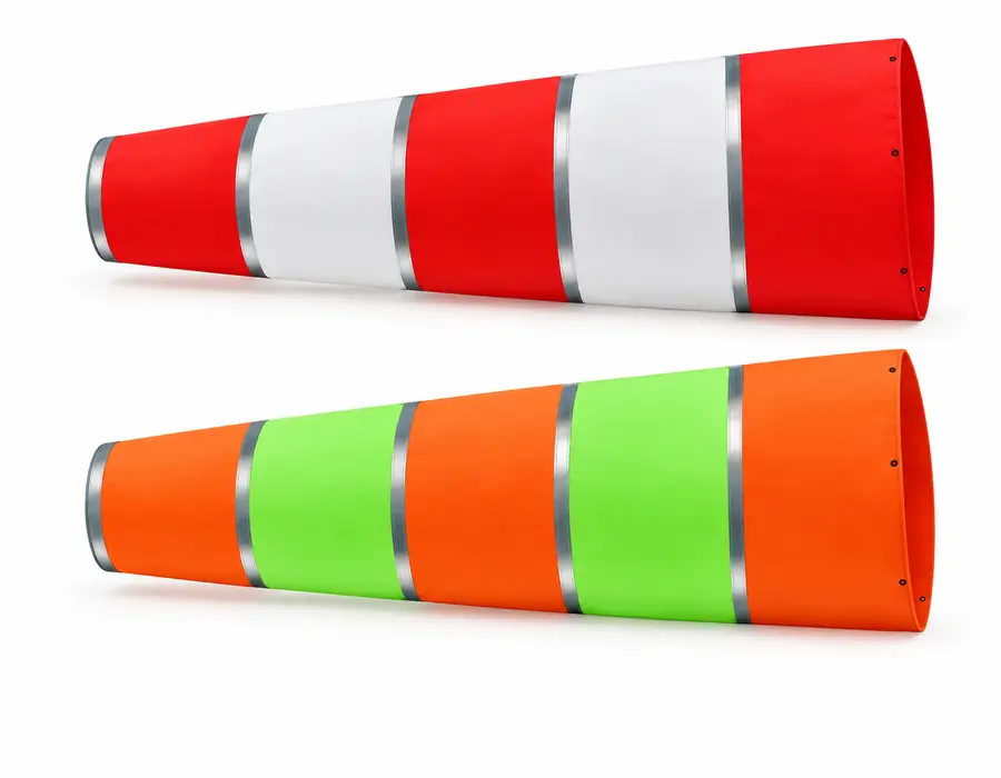 Red and white and orange and green windsocks with five silver reflective tape bands on a white background.